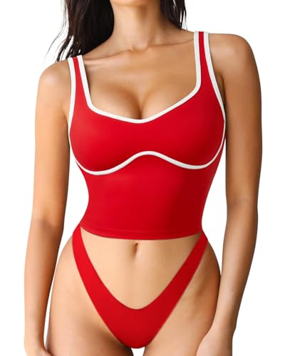 SUUKSESS Women Sweetheart Neckline Longline Sports Bra Padded Basic Workout Crop Tank Top (Red, M)