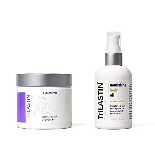 TriLASTIN Maternity Stretch Mark Prevention Cream (4oz) Bundle with Nourishing Body Oil (3.4oz) | Pregnancy Must-Have | Gift for First-time Moms | Hypoallergenic Postpartum Skincare | 1 Month Supply