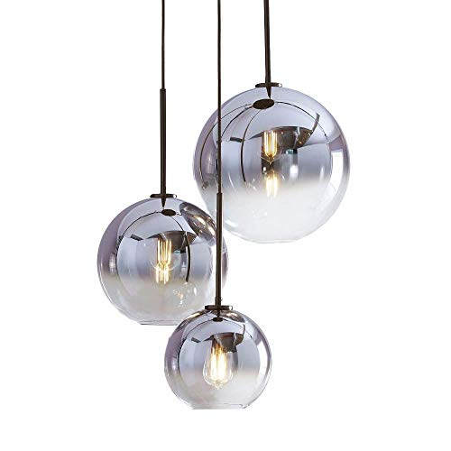 H XD GLOBAL Set 3-Light Globe Gradient Silver Glass Pendant Light,Modern Glass Hanging Light Chaniler Light (Silver)