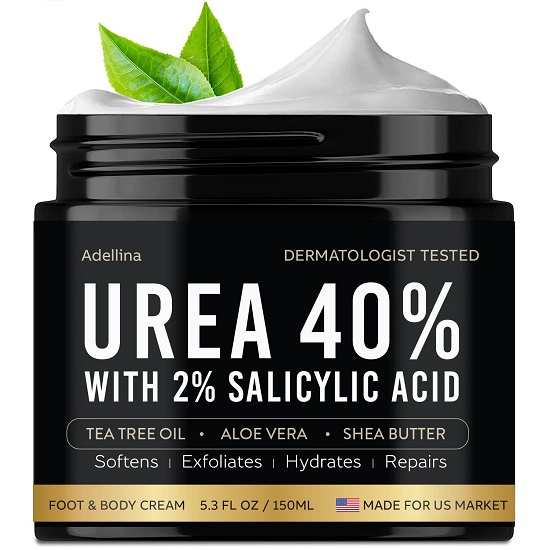 Adellina Urea Cream 40 Percent for Feet - 40% Urea Foot Cream for Dry Cracked Heels - Callus Remover for Feet with 2% Salicylic Acid, Tea Tree Oil, Shea Butter, Aloe Vera, Foot and Body Cream 5.3 Oz