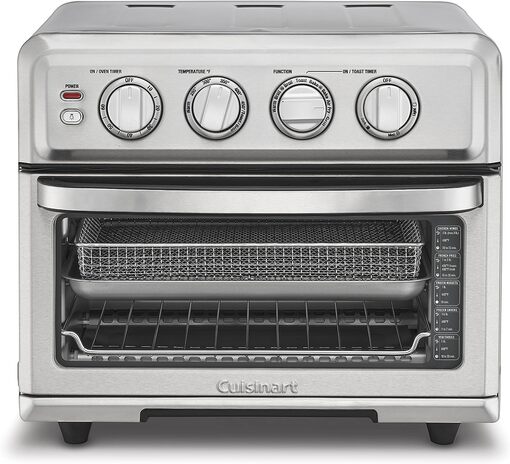 A versatile stainless steel appliance that air fries, bakes, grills, broils, and warms food.