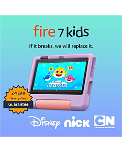 Close-up of Fire 7 Kids tablet with kid-proof case, highlighting durability.
