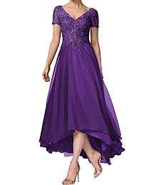 Short Sleeves Mother of The Bride Dresses for Women Lace Appliques V Neck High-Low Formal Wedding Party Prom Dress Purple