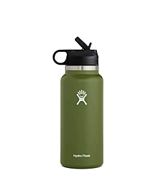 Hydro Flask Wide Mouth Straw Lid - Stainless Steel Reusable Water Bottle - Vacuum Insulated, Dishwasher Safe, BPA-Free, Non-Toxic, Olive, 32 oz