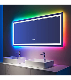ISTRIPMF 60x28 Inch LED Bathroom Mirror with Lights, RGB Color Changing Lighted Mirrors with Bathroom Wall, Dimmable, Anti-Fog,Large LED Mirror for Bathroom (RGB Multicolor Backlit+Front-Lit)