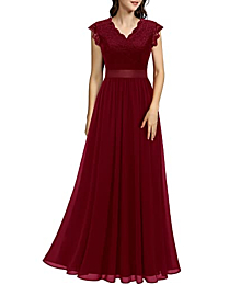Dressystar Women's V Neck Sleeveless Lace Bridesmaid Dress Wedding Guest Dress Formal Party Gown 0050BD Dark Red L