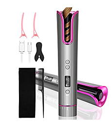 BlumWay Cordless Auto Hair Curler, Automatic Curling Iron with LCD Display Adjustable Temperature & Timer,Rechargeable & Portable Curling Wand for Travel,Magic Styling Tools(Purple)