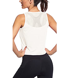 Cropped Workout Tops for Women Mesh Back Womens Workout Tops Flowy Crop Yoga Shirts Running Tank Tops (White, Large)