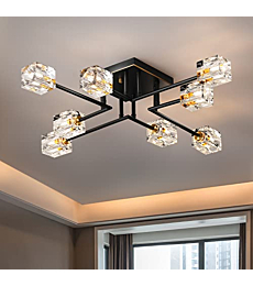 OKES 8-Lights Semi Flush Mount Ceiling Light Fixture,Black and Gold Modern Crystal Chandeliers,Farmhouse Lighting Fixtures for Dining Room Living Room Kitchen Bedroom Entryway