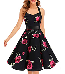 Halter Vintage Dress for Women Retro Tea Party Dresses for Women Swing A line Homecoming Dress Rockabilly Pinup Audrey Hepburn Floral Dress Red Flower XS