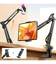 LISEN Tablet Phone Stand for iPad Holder Mount for Desk [Ultra Durable]2 Clamps Phone Tablet Holder for iPhone Flexible Tablet Mount Cell Phone Stand fits iPad Pro iPhone 14 13 Galaxy All 4-13" Device