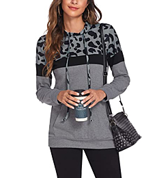 Bluetime Women Casual Long Sleeve Pullover Hoodie with Pocket Leopard Color Block Sweatshirt Tops (S, Leopard Grey)