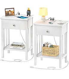Homykic White Nightstand with Charging Station, Bamboo Nightstands Set of 2 with USB Ports and Outlets, Bedside Table End Table Side Table with Drawer and Storage Shelf for Bedroom, Easy to Assemble