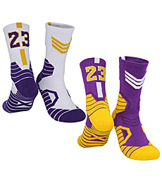 2 Pairs Lebron Children Basketball-Socks-for-Boys, #23 Lucky Number Sports-Socks Lakers James Socks with 3D Ankle Protection for Youth Boys, Kids Basketball Accessories Gift for James Fans (1.5-5.5)