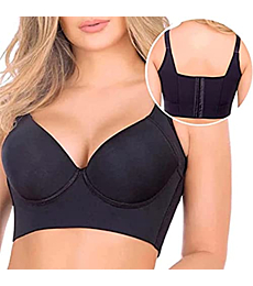 rosyclo Full Back Coverage Bras for Women, Fashion Deep Cup Bra Hide Back Fat Bra with Shapewear Incorporated Push Up Sports Bras (34A, Black)