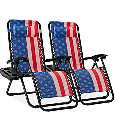 Best Choice Products Set of 2 Adjustable Steel Mesh Zero Gravity Lounge Chair Recliners w/Pillows and Cup Holder Trays - American Flag