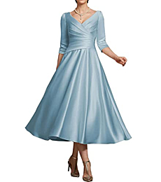 NABN Women's 3/4 Sleeves Prom Dresses Tea Length Mother of The Bride Dress Satin Formal Party Evening Gowns Dusty Blue
