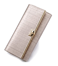 Leather Trifold Wallets for Women, Genuine Leather Gift Box Packing Ladies Designer Clutch Purses with Zipper Coin Pocket Women's Fashion Long Wallet Credit Card Holders Birthday Valentine Gift (Gold)
