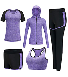 XPINYT 5pcs Workout Outfits for Women Athletic Sets Sport Suits Yoga Gym Fitness Exercise Clothes Jogging Tracksuits (Purple, Large)