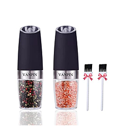 VANPIN Electric Pepper and Salt Grinder Set, Adjustable Coarseness, Battery Powered with LED Light, One Hand Automatic Operation, Stainless Steel Black, 2 Pack