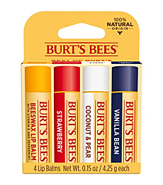 Burt's Bees Lip Balm Stocking Stuffers, Moisturizing Lip Care Christmas Gifts, 100% Natural, Original Beeswax, Strawberry, Coconut & Pear, Vanilla Bean with Beeswax & Fruit Extracts, Multipack (4Pack)