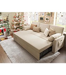 PaPaJet Sleeper Sofa, Sofa Bed with Storage Chaise-2 in 1 Pull Out Couch for Living Room, Sectional Beige 84in x 59in x 39in