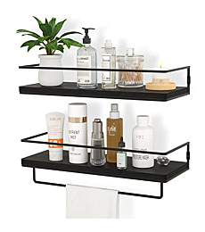 ZGO Floating Shelves for Wall Set of 2, Wall Mounted Storage Shelves with Black Metal Frame and Towel Rack for Bathroom, Bedroom, Living Room, Kitchen, Office (Black)