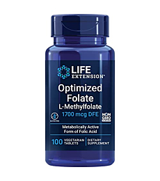 Life Extension Optimized Folate (L-Methylfolate) – Supports Heart & Brain Health – Non-GMO, Gluten-Free, Vegetarian –1700 mcg DFE — 100 Vegetarian Tablets
