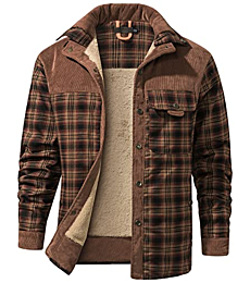 Flygo Men's Outdoor Casual Vintage Long Sleeve Plaid Flannel Button Down Shirt Jacket(RedCoffee-L)