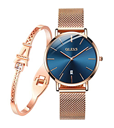 OLEVS Ultra Thin Minimalist Watches for Women and Eiffel Tower Bracelet Set Slim Casual Dress Navy Blue Dial Big Face Analog Quartz Date Wrist Watch Waterproof with Mesh Band Rose Gold