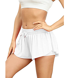 Heihonae Flowy Shorts for Women 2 in 1 Summer Running Skirt Shorts with Pockets Biker Yoga Athletic Gym Workout Shorts White S