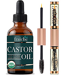 Castor Oil (2oz) + Filled Mascara Tube USDA Certified Organic, 100% Pure, Cold Pressed, Hexane Free by Live Fraiche. Stimulate Growth for Eyelashes, Eyebrows, Hair. Lash Growth Serum. Brow Treatment