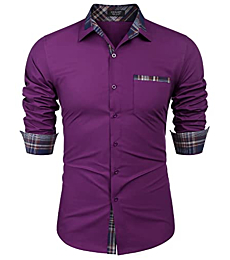 COOFANDY Men's Casual Cotton Long Sleeve Dress Shirt Plaid Collar Slim Fit Button Down Shirt (Large, Purple.)