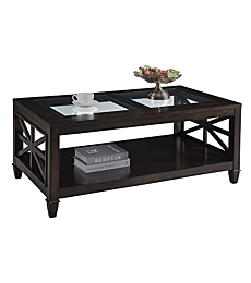Solid Wood Coffee Table with Tempered Glass Top, Farmhouse Living Room Center Table with 2-tire Storage Shelf, Traditional Cocktail Table, 45.5” x 26” x 19” Easy Assembly, Vintage Walnut KFZ1318DC