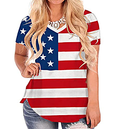 Womens Patriotic Tops Plus Size Short Sleeve V Neck Shirts American Flag Tees XL 14W