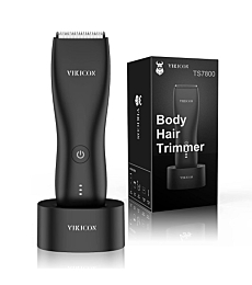 VIKICON Electric Groin Hair Trimmer: Ball Shaver & Body Groomer for Men Waterproof Wet / Dry Body Hair Clippers, Male Hygiene Razor with Standing Recharge Dock, Replaceable Ceramic Blade Heads (Black)