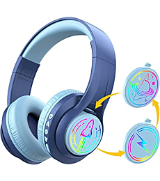 iClever TransNova Kids Bluetooth Headphones Light Up with Replaceable Plate, 74/85/94dB Volume Limited, 45H Playtime, Stereo Sound, Wireless Kids Headphones with Mic for School/Airplane/Tablet, Blue
