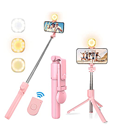 MQOUNY Selfie Stick Tripod with Fill Light, 3 Modes Levels Phone Tripod Stand with Wireless Remote Control Compatible with iPhone12pro max/12/11pro/11/XR, Android/iPhone (Pink)