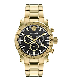 Versace Chrono Sporty Collection Luxury Mens Watch Timepiece with a Gold Bracelet Featuring a Gold Case and Black Dial