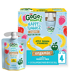 GoGo squeeZ happy tummieZ Organic Apple Banana Strawberry, 3.2 oz. (4 Pouches) - Kids Snacks with Prebiotic Fiber - Gluten Free Snacks for Kids - Nut & Dairy Free - Vegan Snacks