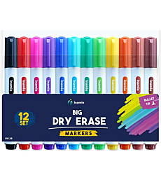 Dry Erase Markers, Bullet Tip – Colored Whiteboard Markers for Fridge, School or Office - Low Odor, 12 Set Assorted Colors