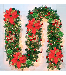 Pre-lit Artificial Christmas Garland, Green Rattan with Red Flower Decorations and Battery Operated LED Lights for Home Stairs Fireplace Front Porch Door Display Indoor Outdoor Christmas Decor -9FT