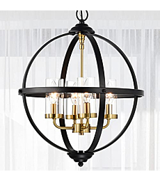 Treekee Rustic Chandelier, 17" Black and Gold Finish Glass Cover Luxurious Hanging Light, 4 Lights Globe Vintage Pendant Ceiling Light Fixtures for Living Room Entry Way Hallway Kitchen Dining Room