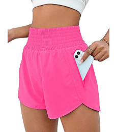 BMJL Women's Athletic Shorts High Waisted Running Shorts Pocket Sporty Short Gym Elastic Workout Shorts(S,Hot Pink)