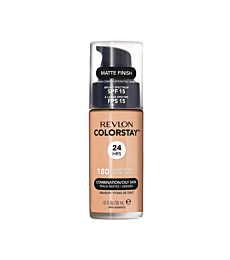 Liquid Foundation by Revlon, ColorStay Face Makeup for Combination & Oily Skin, SPF 15, Longwear Medium-Full Coverage with Matte Finish, Sand Beige (180), 1.0 Oz