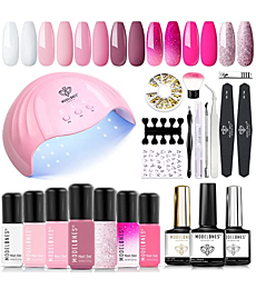 modelones 7 Colors Nude Pink Series Gel Manicure Nail Polish Starter Kit with U V light 48W, Bond Primer Base & Top Coat for Beginner Nail Art Lover Home Salon