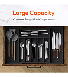 Expandable silverware organizer fits various drawer sizes & utensils.