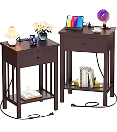 Homykic Nightstand with Charging Station, Bamboo Nightstands Sets of 2, Wood Bedside Table with USB Ports and Outlets, End Table Side Table with Drawer and Storage Shelf for Bedroom, Espresso
