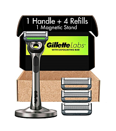 Gillette Mens Razor with Exfoliating Bar by GilletteLabs, Shaving Kit for Men, Includes 1 Handle, 4 Razor Blade Refills, 1 Premium Magnetic Stand