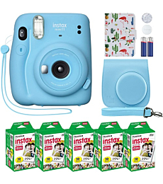 Fujifilm Instax Mini 11 Instant Camera Sky Blue + Custom Case + Fuji Instax Film Value Pack (50 Sheets) Flamingo Designer Photo Album for Fuji instax Mini 11 Photos